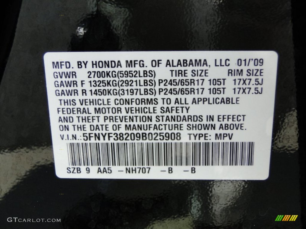 2009 Honda Pilot LX Color Code Photos