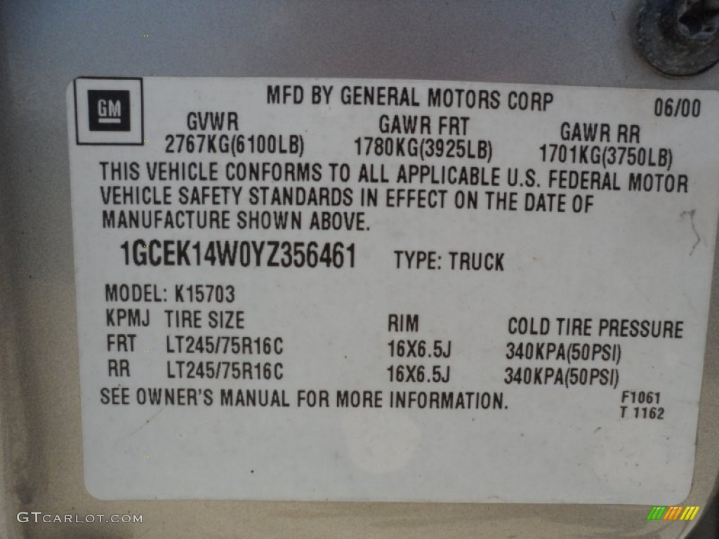 2000 Chevrolet Silverado 1500 Regular Cab 4x4 Info Tag Photo #51438780