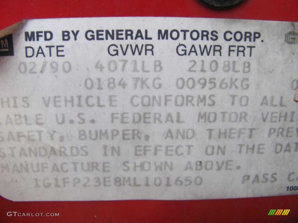 1991 Chevrolet Camaro RS Info Tag Photo #51441711