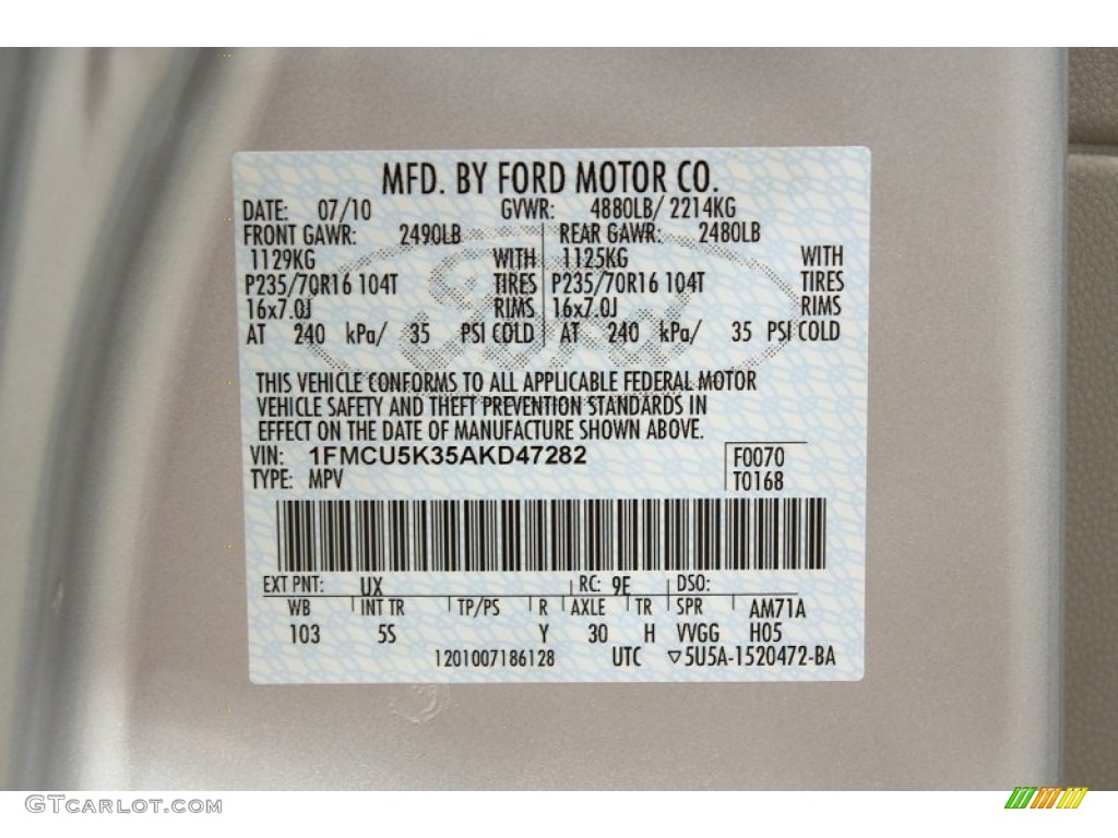 2010 Ford Escape Hybrid Limited 4WD Color Code Photos