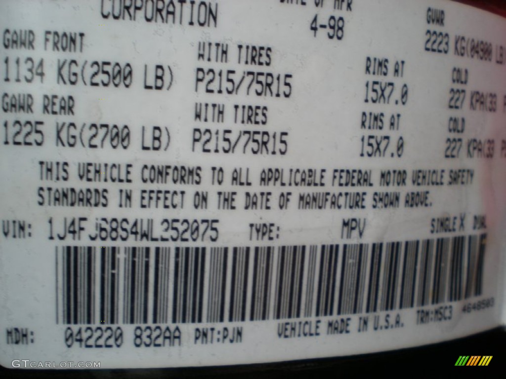 1998 Cherokee Color Code PJN for Moss Green Pearl Photo #51460161