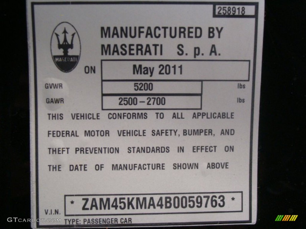 2011 Maserati GranTurismo Convertible GranCabrio Info Tag Photo #51465483