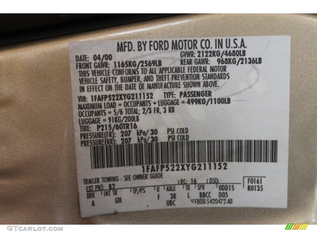 2000 Taurus LX - Harvest Gold Metallic / Medium Parchment photo #8