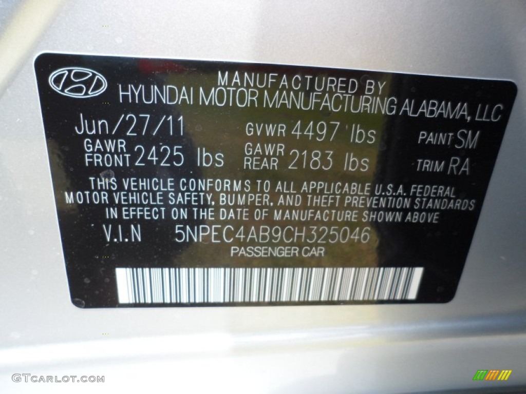 2012 Sonata Color Code SM for Radiant Silver Photo #51509548