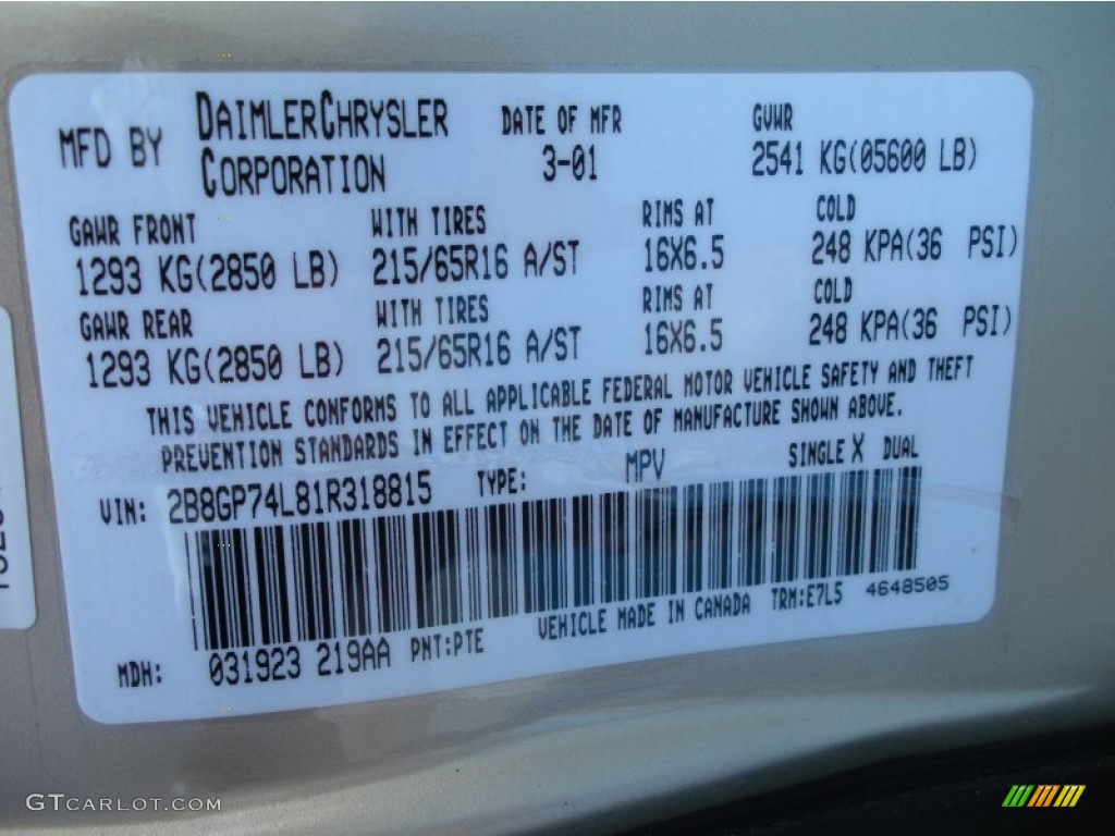 2001 Dodge Grand Caravan EX Color Code Photos