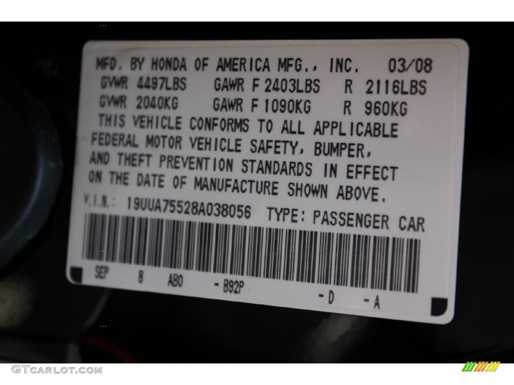 2008 TL Color Code B92P for Nighthawk Black Pearl Photo #51519838