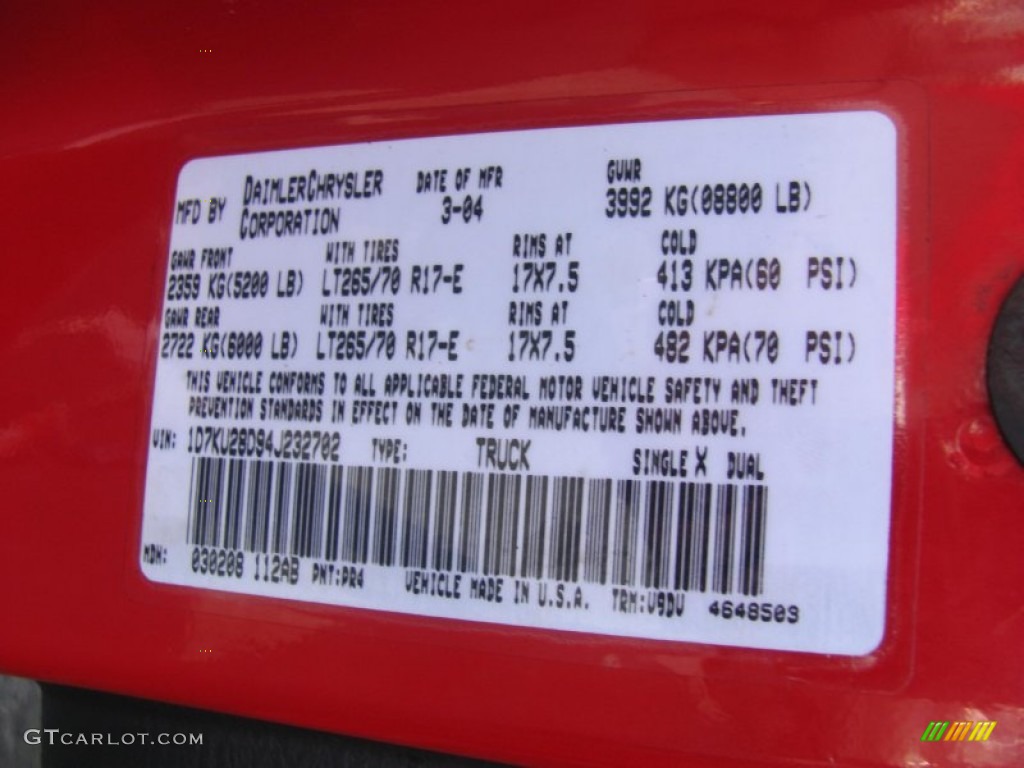 2004 Ram 2500 Color Code PR4 for Flame Red Photo #51522367