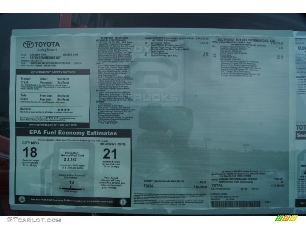 2011 Toyota Tacoma Access Cab 4x4 Window Sticker Photo #51529129