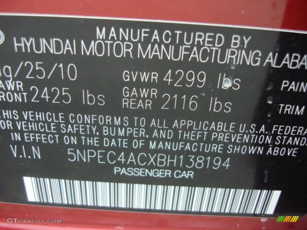 2011 Sonata SE - Venetian Red / Black photo #23