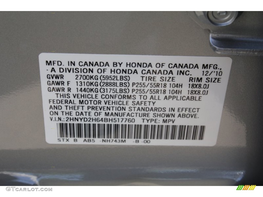 2011 MDX Color Code NH743M for Palladium Metallic Photo #51556185