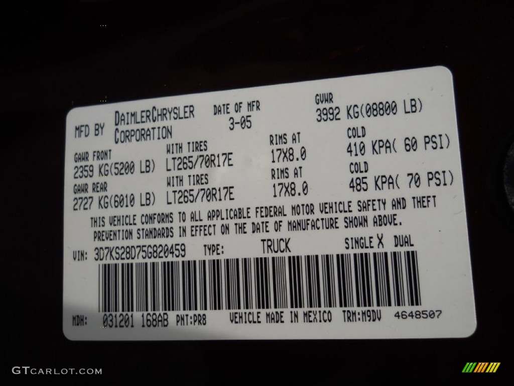 2005 Ram 2500 Color Code PR8 for Deep Molten Red Pearl Photo #51562392
