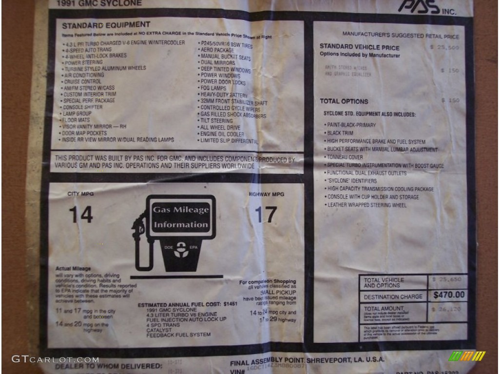 1991 GMC Syclone Standard Syclone Model Window Sticker Photos