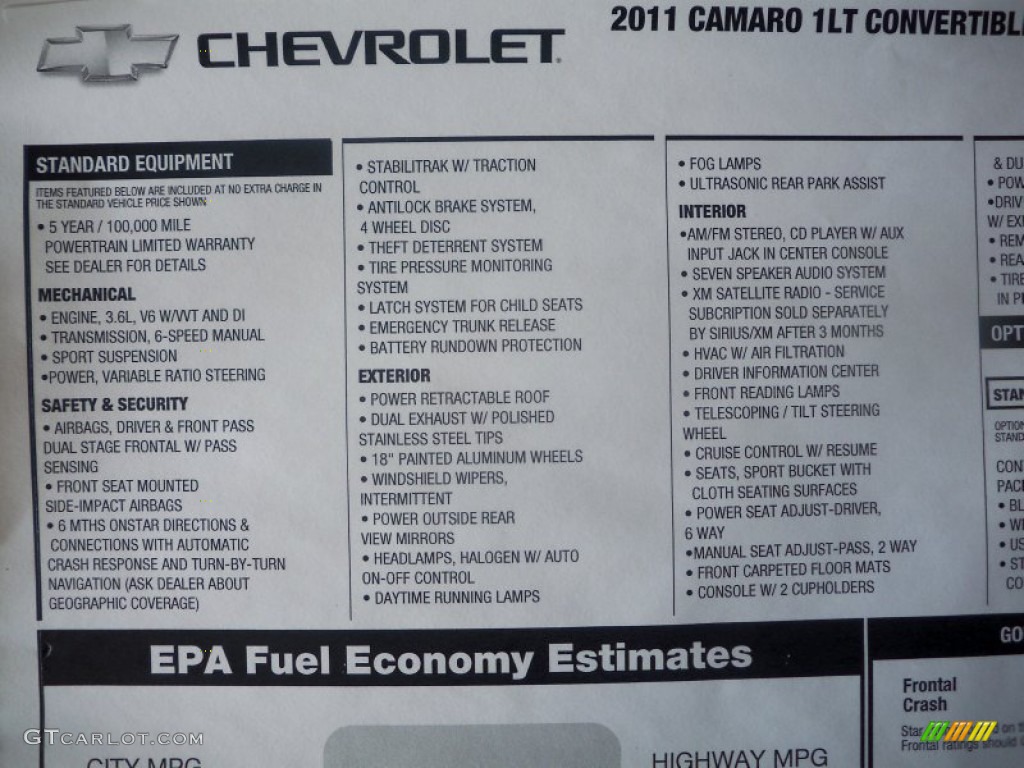 2011 Chevrolet Camaro LT/RS Convertible Window Sticker Photo #51586702