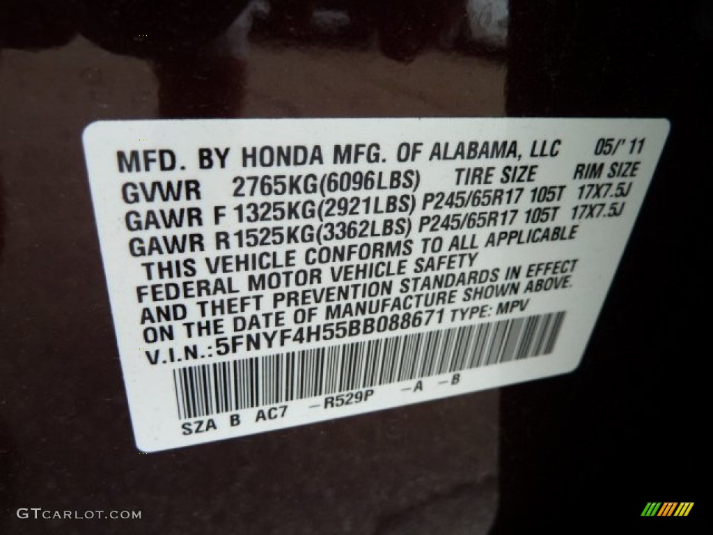 2011 Pilot Color Code R529P for Dark Cherry Pearl Photo #51615064