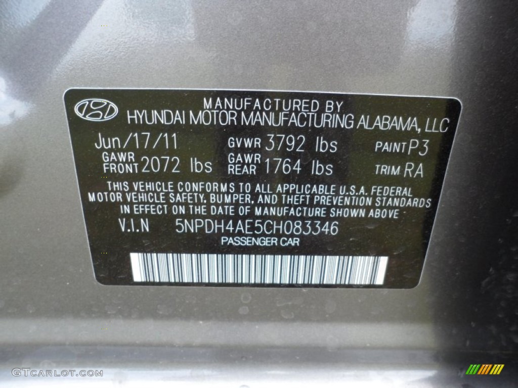 2012 Elantra Color Code P3 for Harbor Gray Metallic Photo #51649561