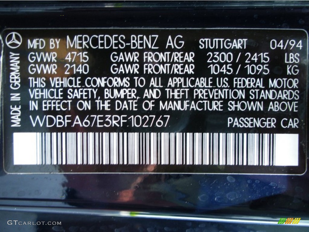 1994 Mercedes-Benz SL 500 Roadster Info Tag Photo #51652705