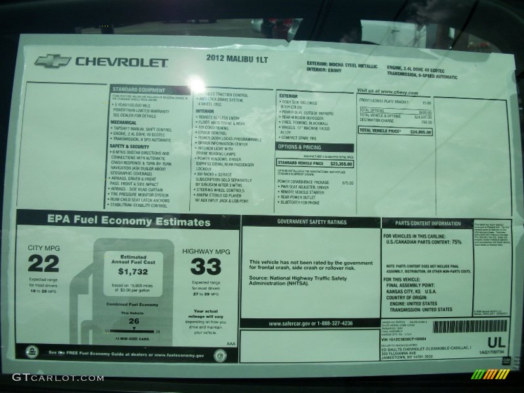 2012 Chevrolet Malibu LT Window Sticker Photo #51654268
