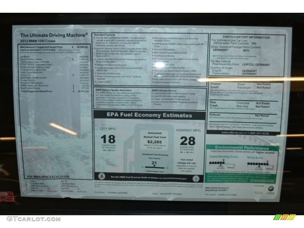 2012 BMW 1 Series 128i Coupe Window Sticker Photo #51664831