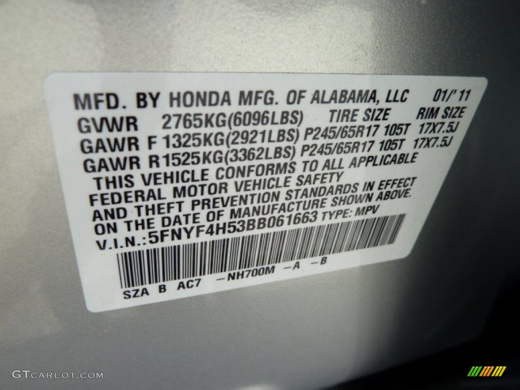 2011 Pilot Color Code NH700M for Alabaster Silver Metallic Photo #51668791