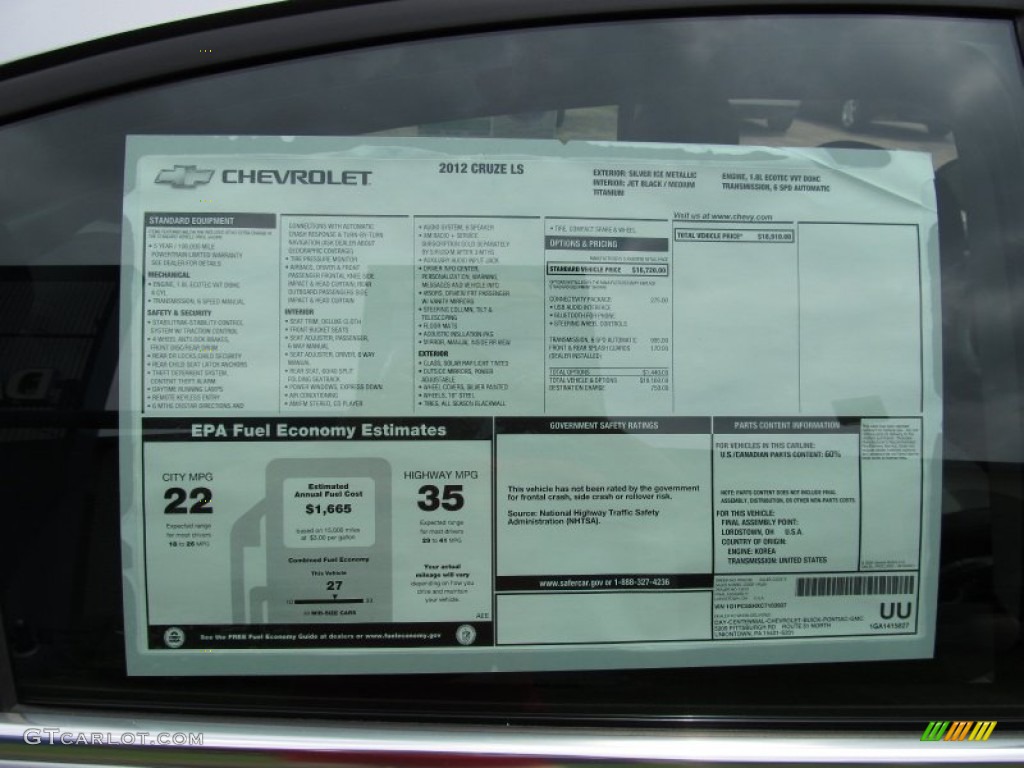 2012 Chevrolet Cruze LS Window Sticker Photo #51678300