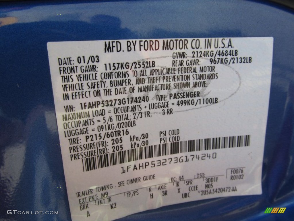 2003 Taurus Color Code M9 for Patriot Blue Metallic Photo #51679881