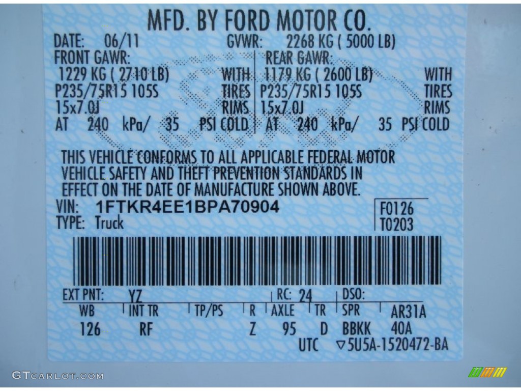 2011 Ranger Color Code YZ for Oxford White Photo #51684033