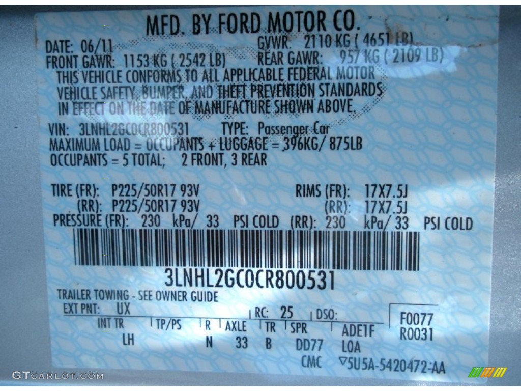 2012 MKZ Color Code UX for Ingot Silver Metallic Photo #51686280