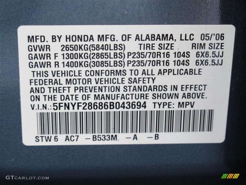 2006 Pilot Color Code B533M for Steel Blue Metallic Photo #51692050