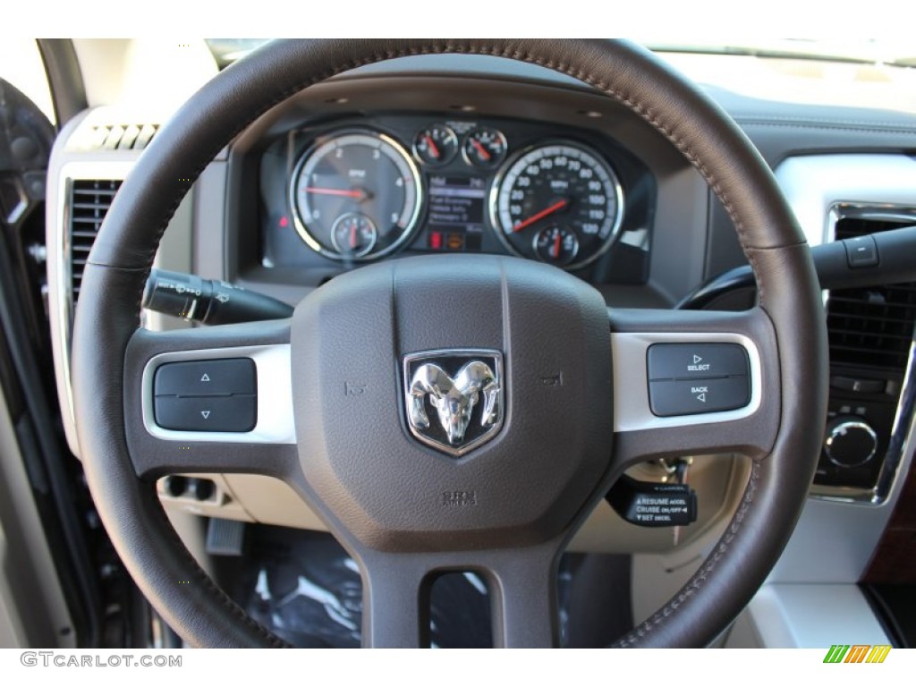 2010 Dodge Ram 3500 Laramie Mega Cab 4x4 Dually Light Pebble Beige/Bark Brown Steering Wheel Photo #51700789