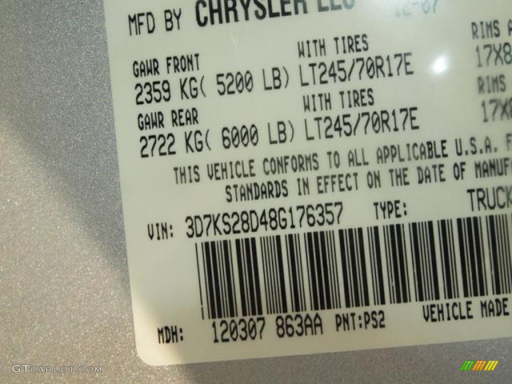 2008 Ram 2500 Color Code PS2 for Bright Silver Metallic Photo #51701695