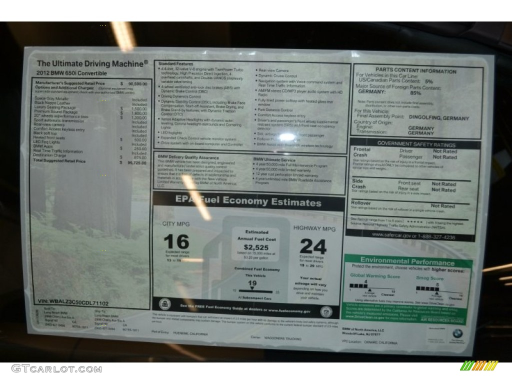 2012 BMW 6 Series 650i Convertible Window Sticker Photo #51701719