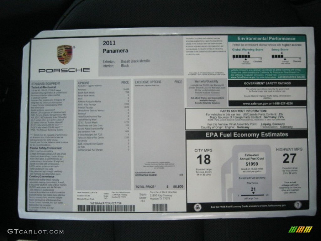 2011 Porsche Panamera V6 Window Sticker Photo #51702376