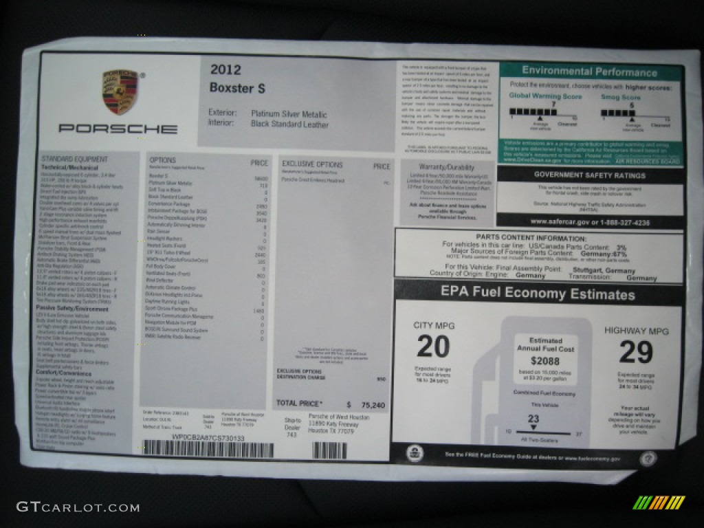 2012 Porsche Boxster S Window Sticker Photos