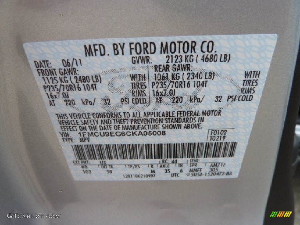 2012 Escape Color Code UX for Ingot Silver Metallic Photo #51738112