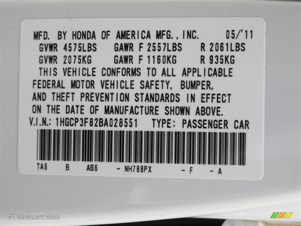 2011 Accord Color Code NH788PX for White Orchid Pearl Photo #51739303