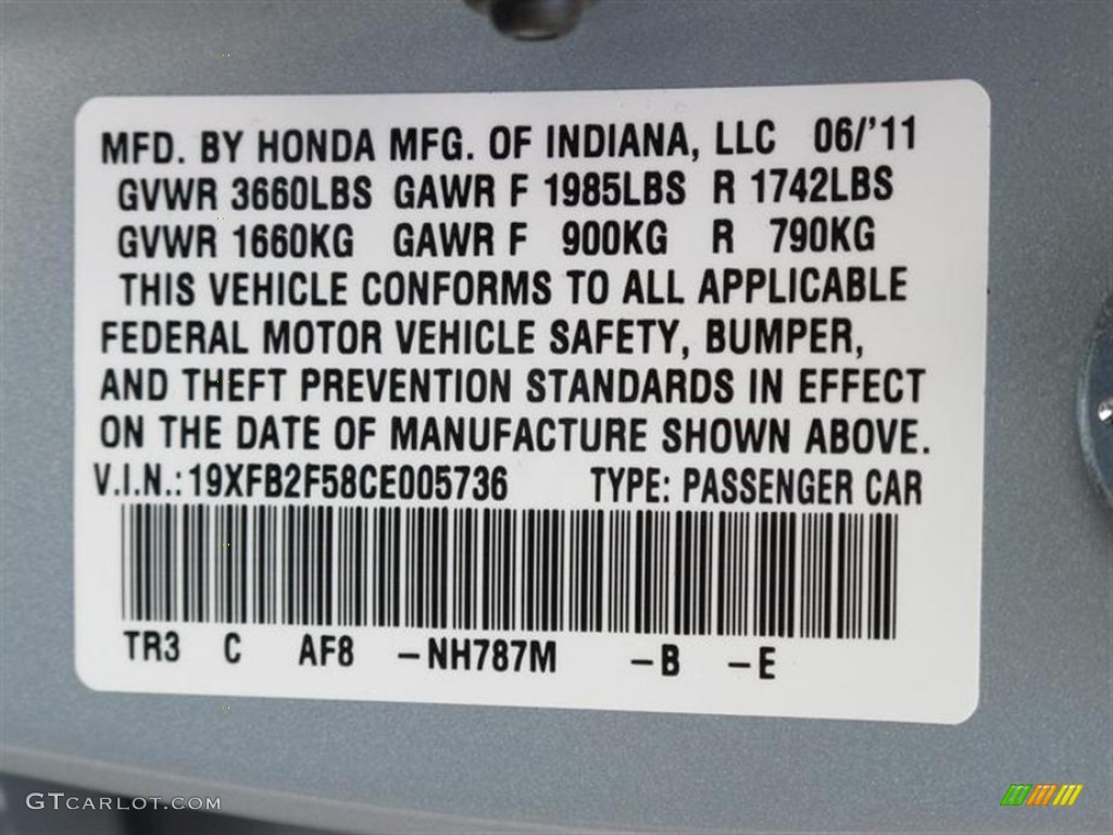2012 Civic Color Code NH787M for Cool Mist Metallic Photo #51739927