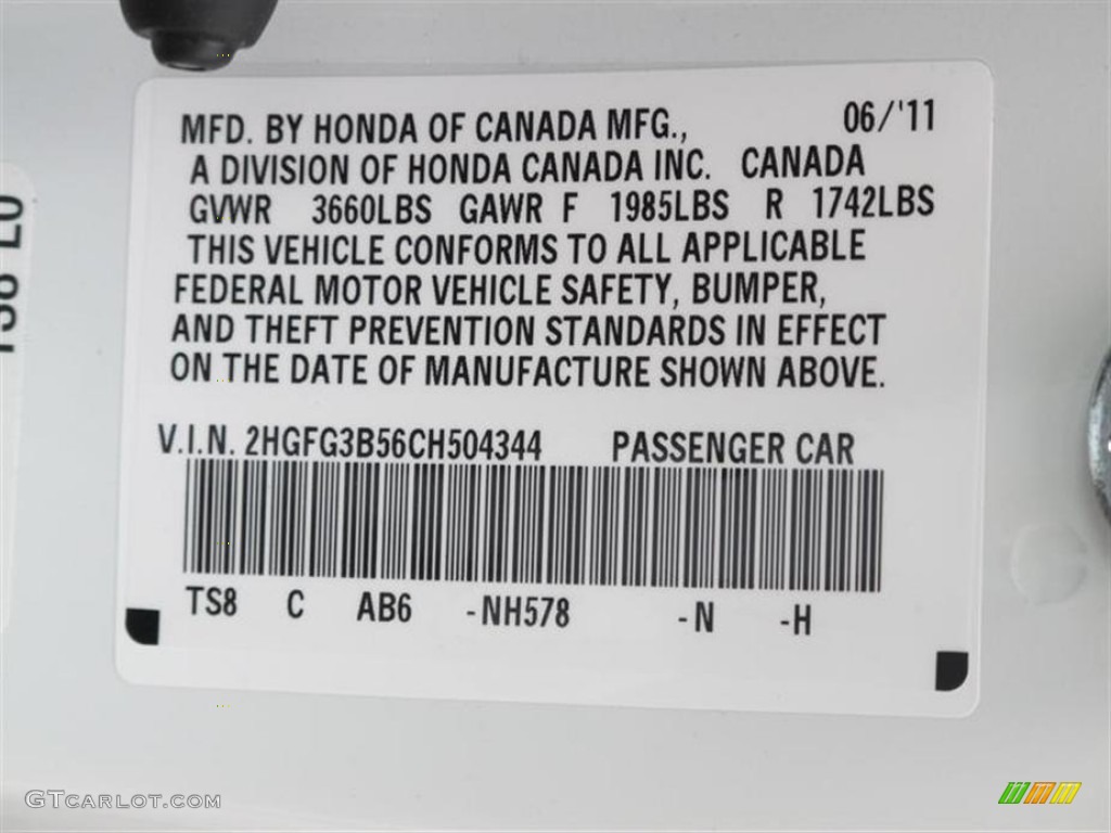 2012 Civic Color Code NH578 for Taffeta White Photo #51740245