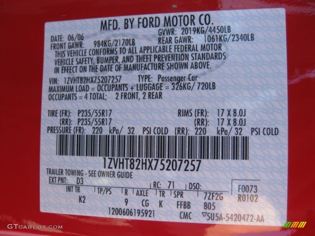 2007 Mustang Color Code D3 for Torch Red Photo #51747610