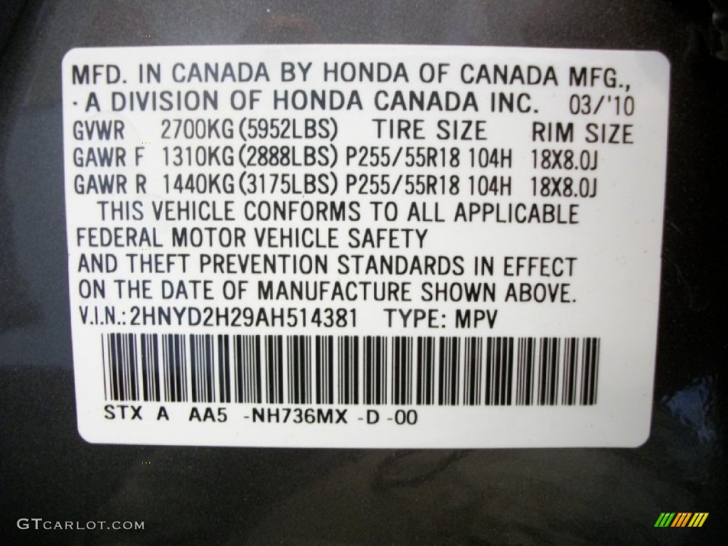 2010 MDX Color Code NH736MX for Grigio Metallic Photo #51767923