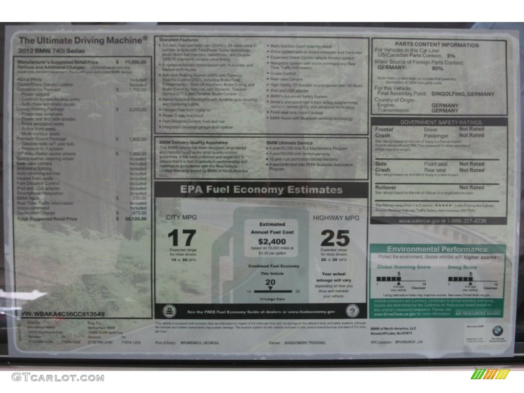2012 BMW 7 Series 740i Sedan Window Sticker Photo #51768141