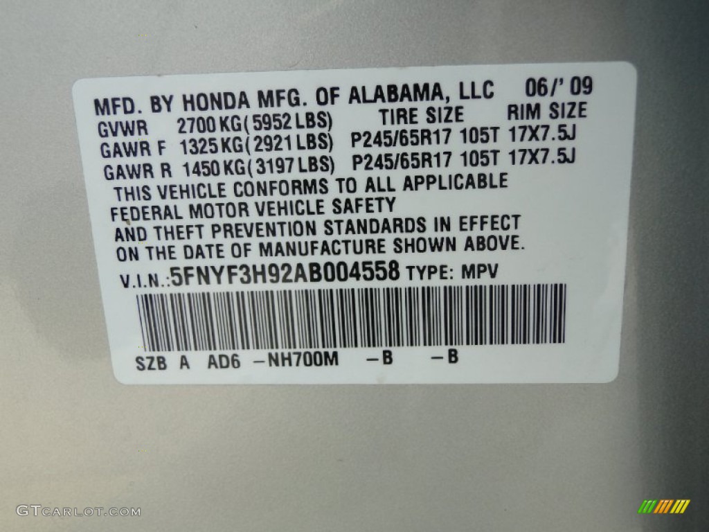 2010 Pilot Color Code NH700M for Alabaster Silver Metallic Photo #51779786