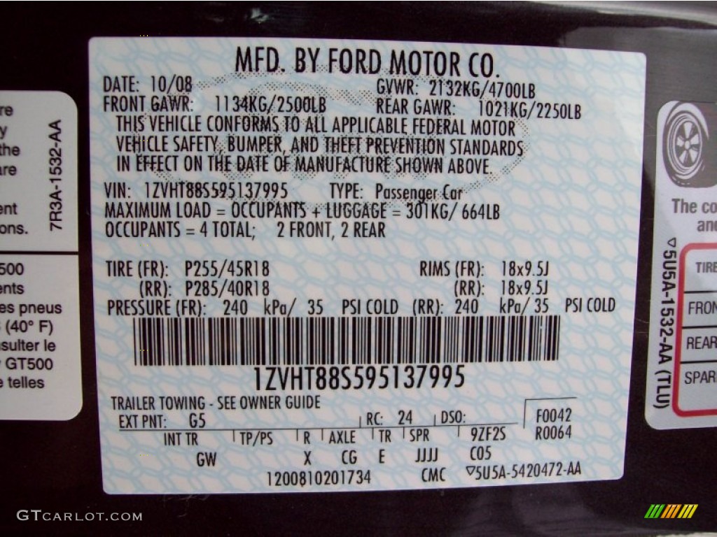 2009 Ford Mustang Shelby GT500 Coupe Color Code Photos