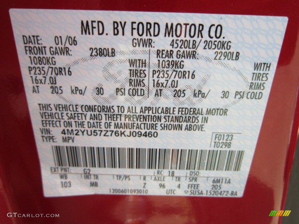 2006 Mariner Color Code G2 for Vivid Red Metallic Photo #51797378