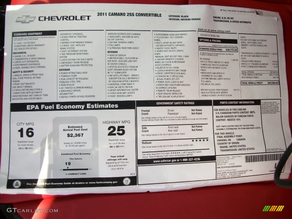 2011 Chevrolet Camaro SS/RS Convertible Window Sticker Photo #51811799
