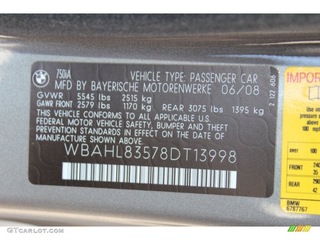 2008 BMW 7 Series 750i Sedan Info Tag Photo #51812678