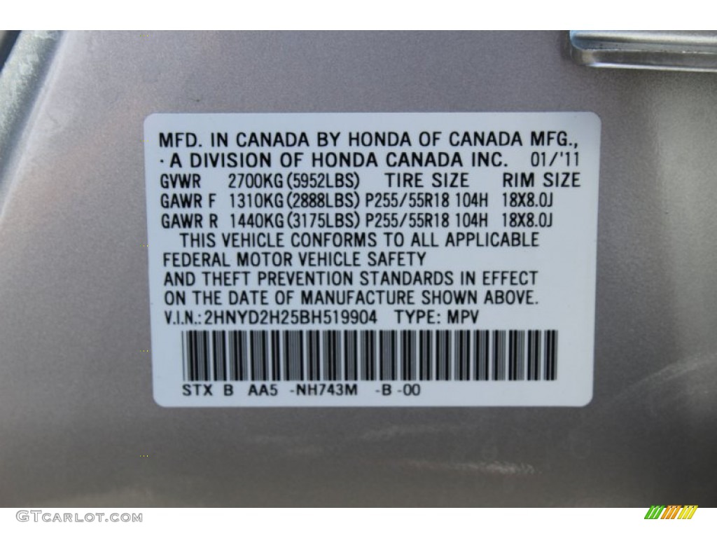 2011 MDX Color Code NH743M for Palladium Metallic Photo #51816968