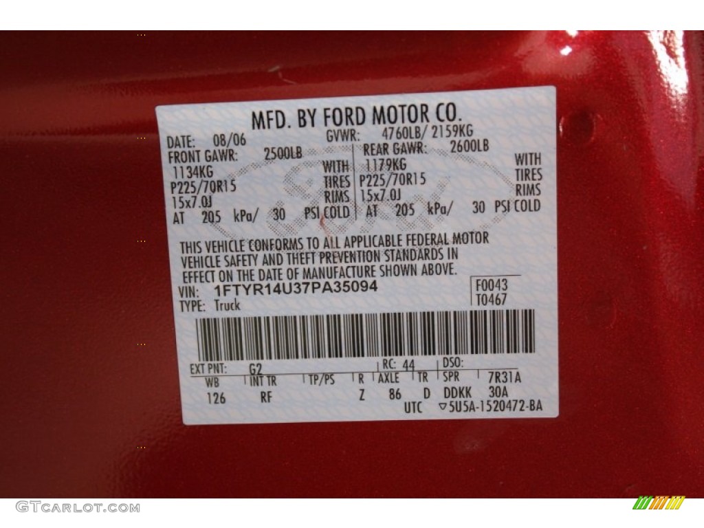 2007 Ranger Color Code G2 for Redfire Metallic Photo #51826078