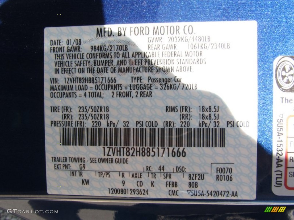 2008 Mustang Color Code G9 for Vista Blue Metallic Photo #51832276