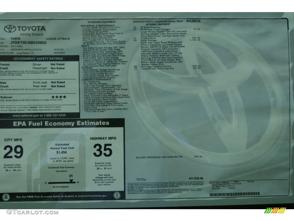 2011 Toyota Yaris 5 Door Liftback Window Sticker Photo #51839191