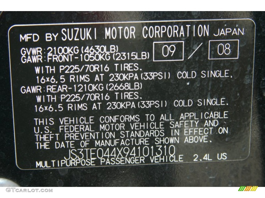 2009 Suzuki Grand Vitara XSport Info Tag Photos